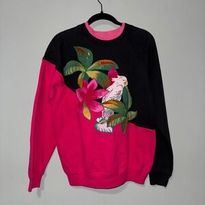 Vintage Millie Varey 80s Colorblock Tropical Parrot Applique‎ Sweatshirt L Black
